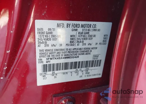 2021 Ford Mustang Mach-E Gt z USA, uszkodzony, nr VIN 3FMTK4SX4MME02420